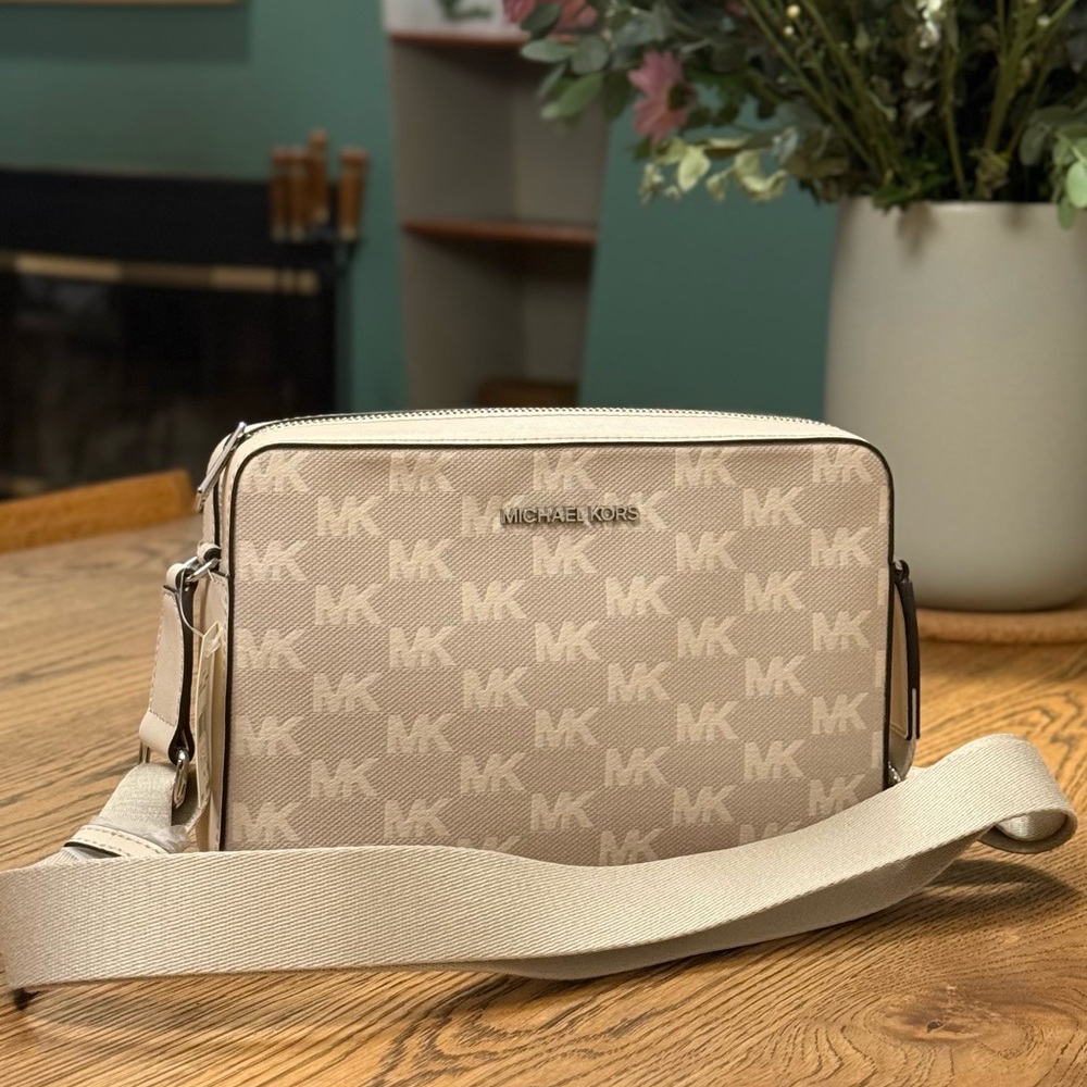 Jet Set Large Signature Logo Print Woven Crossbody Bag